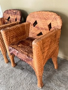 lot 4 image: Pair of Hand Carved Wooden Chairs by Ramon Nicholas Figueroa Castro