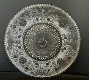 lot 146 image: Vintage Sandwich Glass Large Torte Plate, Egg Tray and Pedestal Cake Plate by Duncan and Miller