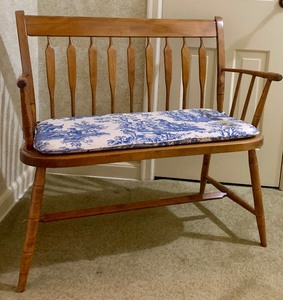 lot 169 image: Vintage Nichols & Stone Windsor Style Maple Stencil Decorated Settee, with Custom Cushion