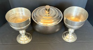 lot 249 image: Vintage Lidded Pot with Two Large Silver Plated Stemmed Cups