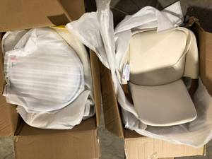 lot 17 image: Lot of Lumisource Cosmo 26 in. Walnut and Cream Faux Leather Counter Stool Customer Returns See Pictures