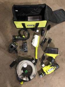 lot 30 image: RYOBI ONE HP 18-Volt Brushless EZClean 600 PSI 0.7 GPM Cordless Electric Power Cleaner w 4.0Ah Battery, Charger, Accessories   Customer Returns See Pictures