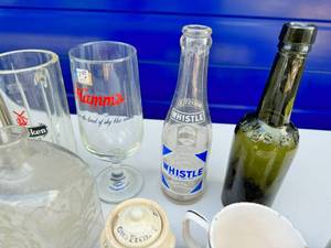Vintage bottle and glass lot with metal box