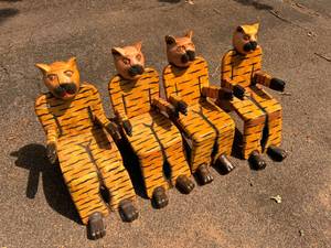 Set of 4 Hand Carved Childrens Cat Chairs