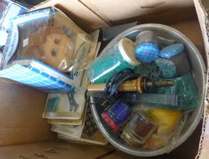 lot 78 image: Lot of craft items, doll head, leather heat wand, melting bead  stained glass projects