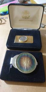 lot 100 image: TWO money clips made with actual coins - 1937 Indian Head Nickel and 1995 Walking Liberty silver dollar