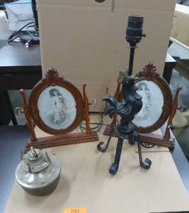 lot 191 image: Vintage rooster lamp, oil lamp, and 2 newer but vintage looking picture frames