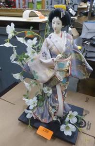 lot 198 image: Vintage porcelain Japanese doll and Sailing ship made from Bamboo