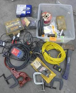 lot 268 image: Lot of misc - axe, riveter, clamps, trickle charger, engraver, door handles, brakes