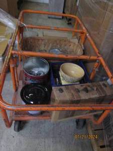 lot 192 image: orange cart of vintage items orange cart is NOT included just the items on it