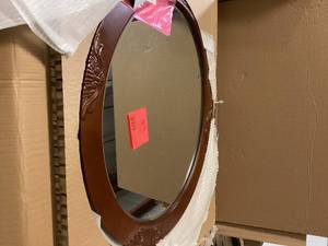 Home Decorators Collection Winslow 30 in. W x 38 in. H Round Wood Framed Wall Bathroom Vanity Mirror in cherry Customer Returns See Pictures