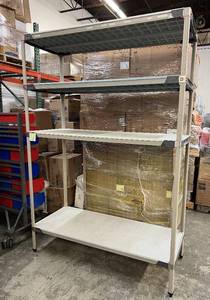 lot 9 image: MSRP $2000 InterMetro Adjustable 4-Tier Shelving Storage Supply Rack Unit WSolid Shelves That Have Anti-Microbial Properties Built In Plus&nbspRust & Corrosion Resistant - NSF Approved  7 x 2 x 5&nbspEach Shelf -1000lb Capacity