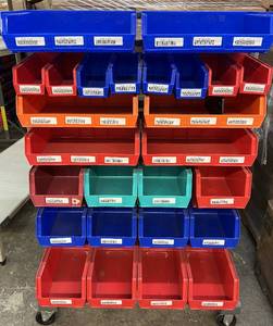 lot 11 image: MSRP $1000 Akro-Mils Storage Supply Mobile Double Sided Bin Rack with Organizer Tray Boxes Bins - In Excellent Condition 58.75 x 38.5