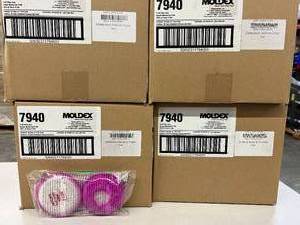 lot 22 image: MSRP $1800  4 Cases (30 pairs each per case) NEW Moldex 7940 Pair Pack P100&nbspMask Respirator & Particulate Filter Disks - Exp. 524