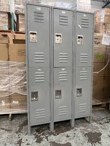 lot 29 image: 6-Door Double-Tier Standard&nbsp16 gauge steel&nbspMetal Lockers With Keys - Good Condition 78 x 18 x 45.5 Note Back Leg Left Side Is Bent - Wood Blocks On Both Sides For Added Support