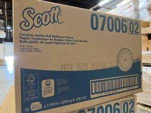 lot 36 image: MSRP $250  2 Cases (12 each per case) NEW Scott 07006 2-Ply Coreless Jumbo Roll Bathroom Tissues - White