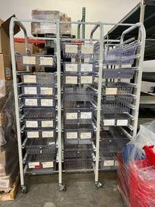 lot 41 image: LAST ONE MSRP $6000 DSI Direct High Density Hospital Grade OR Room Supply Cart 3-Column Shelf Adjustable Height Shelving Storage Rack With Slide Out Basket Trays & Locking Casters - Like New Condition 72 x 26.5 x 54