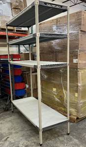 lot 8 image: MSRP $2000 InterMetro Adjustable 4-Tier Shelving Storage Supply Rack Unit WSolid Shelves That Have Anti-Microbial Properties Built In Plus&nbspRust & Corrosion Resistant - NSF Approved  7 x 2 x 5&nbspEach Shelf -1000lb Capacity