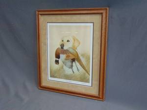 lot 108 image: Carl Melichar Framed Print - Lab Retrieving a Pheasant