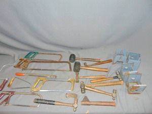 lot 177 image: Mixed Lot of Saws, Hammers and Saw Horse Brackets