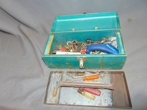 lot 180 image: Tool Box with Assorted Hardware Items