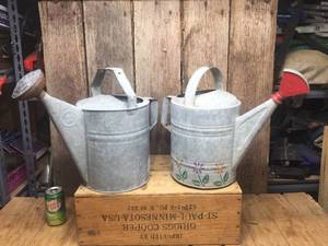 lot 126 image: 2 Vintage Galvanized Sprinkler Cans - with Spouts