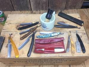 lot 153 image: Antique Straight Razors - Shaving Mug - Brush