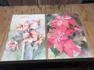 lot 193 image: 2 Floral Watercolor on Canvas - 14 x 20