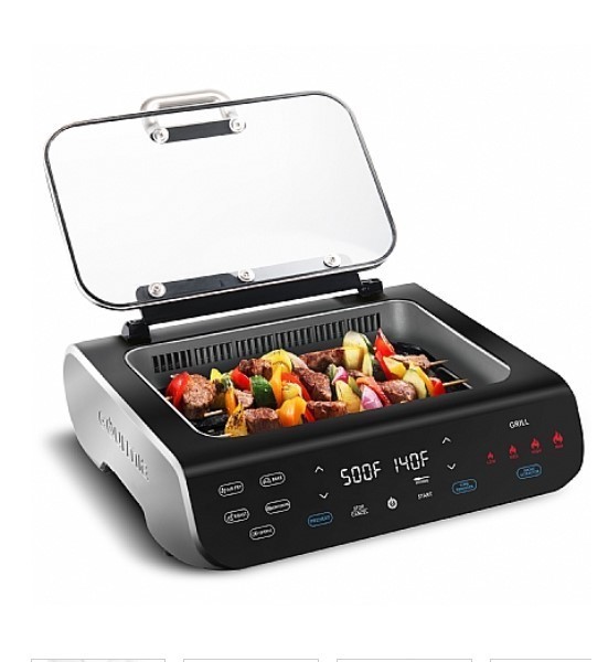 lot 206 image: Gourmia FoodStation Smokeless Grill, Griddle & Air Fryer with with Smoke Extracting Technology, 6 One-Touch Cooking Functions, Extra-Large Nonstick Cooking Surface, and Integrated Temperature Probe
