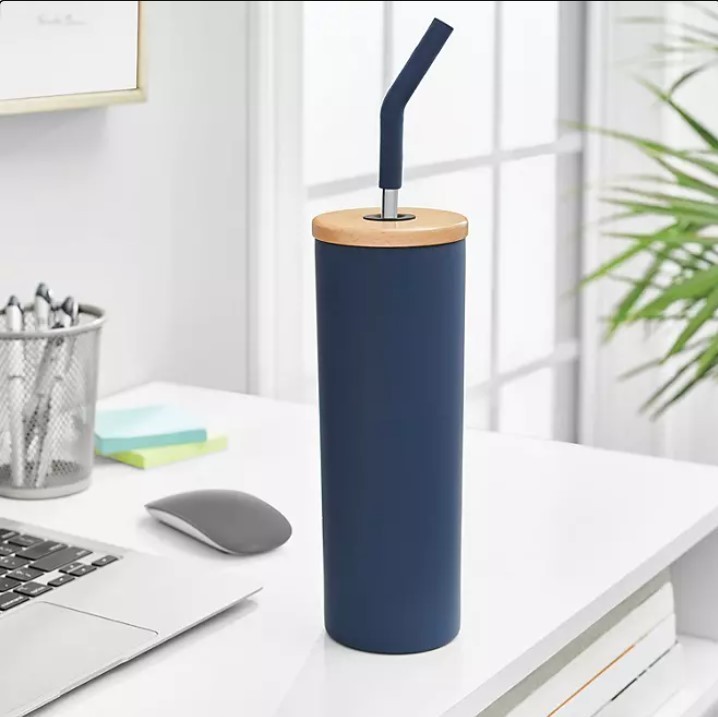 lot 197 image: NEW Members Mark 24-oz Stainless Steel Insulated Tumblers With Wood Lids And Stainless Steel Straws - Navy and Geo