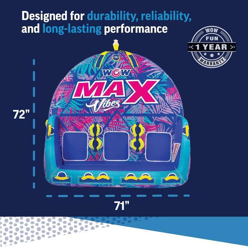 lot 202 image: WOW Sports 1-3 Person Max Vibes Towable with Secure Deck Seating - Tropical Waves