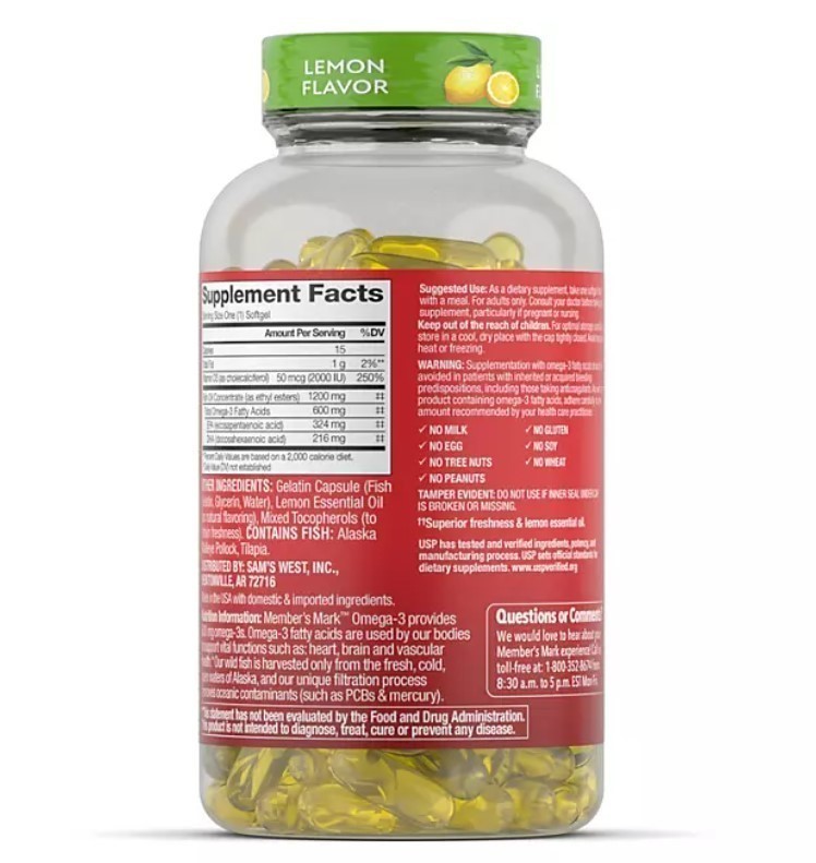 lot 223 image: NEW Members Mark 600mg Omega-3 from Fish Oil with 50 mcg Vitamin D3 Softgels, 200 ct.