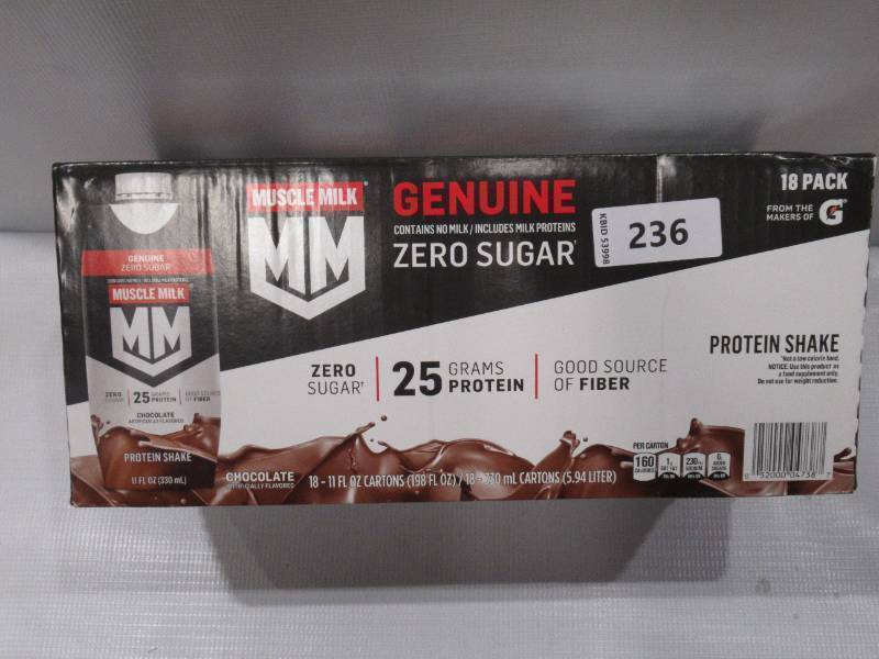 lot 236 image: NEW Muscle Milk Genuine Protein Shake, Chocolate 11 fl. oz., 18 pk.