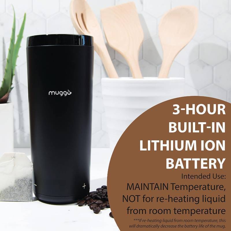 lot 287 image: NEW Muggo 12 oz Self-Heating Coffee Mug, Black Portable with Leak-Proof Lid & 3-Hour Battery Life
