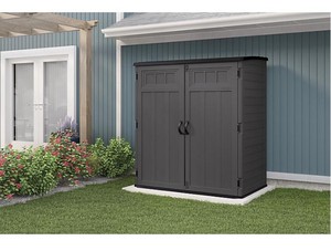 lot 100 image: NEW Suncast 70.5 in. x 44.25 in. x 77.5 in. Extra Large Plastic Vertical Shed - Dark Gray