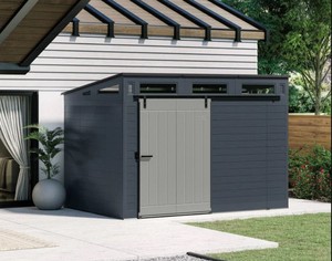 lot 103 image: NEW Suncast Modernist 10 ft x 7 ft. Sliding Door Storage Shed