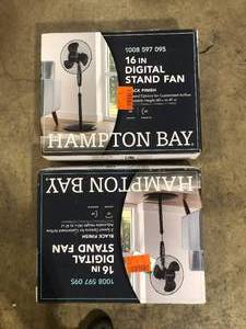 lot 35 image: Lot of 2 Hampton Bay 16 in. 3 Speed Digital Oscillating Standing Fan with Adjustable Height Customer Returns See Pictures