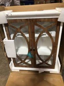 lot 45 image: Decorative Rustic 2-Door Wall Cabinet, Rustic Wood, Farmhouse Shelving for Storage and Display Customer Returns See Pictures