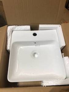 lot 46 image: Eridanus Turner Crisp White Vitreous China 16 in. Square Wall-Mount Vessel Sink with Faucet Hole and Overflow Customer Returns See Pictures