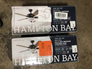lot 47 image: Lot of 2 Hampton Bay Wellston II 44 in. Indoor LED Bronze Dry Rated Downrod Ceiling Fan with Light Kit and 5 Reversible Blades  Customer Returns See Pictures