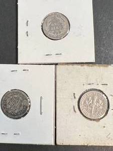 3 US DIMES 1858 SEATED 1893 BARBER 1965 ROOSEVELT