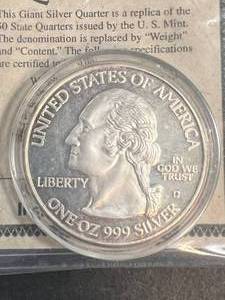 1 TROY OZ .999 FINE SILVER WASHINGTON QUARTER DESIGNED ROUND WITH CERT.