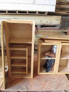 lot 52 image: Lot of Wood Cabinets with Shelves and Duct Components