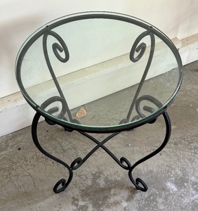 lot 112 image: Glass Top Accent Table with Black Metal Base