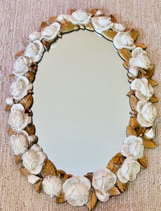 lot 95 image: Vintage Heavy Mirror with White Roses on Brass Backdrop