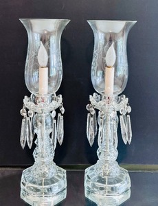 lot 54 image: Stunning Vintage Pair of Lamps  Candle Hurricane Glass with Crystals
