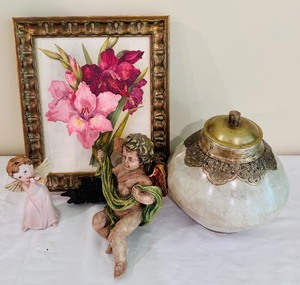 lot 55 image: Adorable Angels, Framed Pink Picture and Vintage Urn