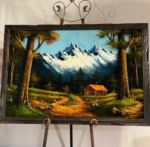 lot 18 image: Cabin in the Mountains on Black Velvet - Artist Unknown