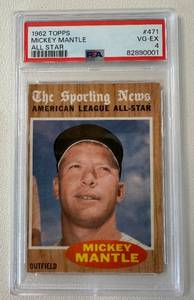 lot 2 image: Mickey Mantle 1962 Topps #471 Sporting News All-Star PSA Graded 4 VG-EX Vintage Baseball Card