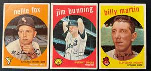 lot 16 image: 1959 Topps 3 Card Star Lot - Nellie Fox #30, Jim Bunning #149, Billy Martin #295 - Vintage Baseball Cards